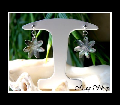 Boucles D`Oreilles Argent Rhdié 925 Tekava  Fleurs de Tiaré Nacre de Tahiti 2cm MAG.SHOP