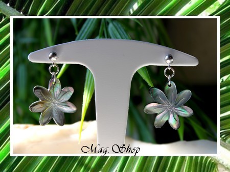 Boucles D`Oreilles Argent Rhdié 925 Tekava  Fleurs de Tiaré Nacre de Tahiti 2cm MAG.SHOP