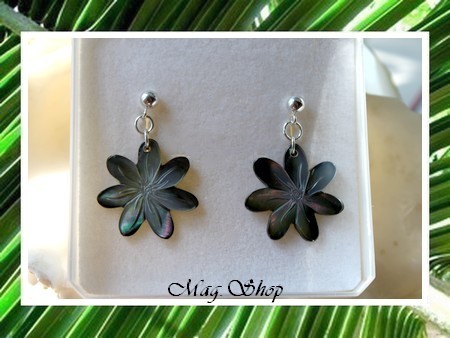 Boucles D`Oreilles Argent Rhdié 925 Tekava  Fleurs de Tiaré Nacre de Tahiti 2cm MAG.SHOP