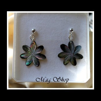 Boucles D`Oreilles Argent Rhdié 925 Tekava  Fleurs de Tiaré Nacre de Tahiti 2cm MAG.SHOP