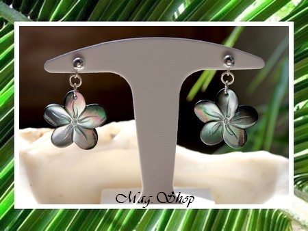 Fleurs Collection  Boucles d`Oreilles Tekava  Argent Rhodié 925 Fleurs de Tiaré Nacre de Tahiti 2cm MAG.SHOP