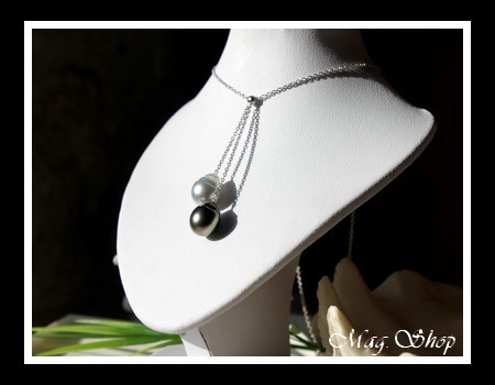 Hiva Oa` Toi & Moi Collier Argent Rhodié 925 2 Perles de Tahiti MAG.SHOP