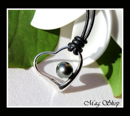 Makemo Collier Coeur Argent Rhodié 925 Cuir     Perle de Tahiti MAG.SHOP