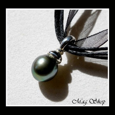 Silver Sea Collection   Collier Taiohae Argent 925 Perle Cerclée de Tahiti  Reflets Verts MAG.SHOP