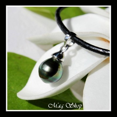 Silver Sea Collection  Collier Tureia  Pendentif Argent Rhodié 925  Perle Cerclée de Tahiti  Reflets Verts MAG.SHOP