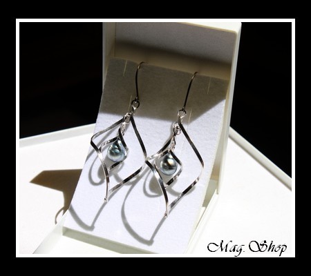 Siver sea Collection Boucles d`Oreilles Vahitahi Argent Rhodié 925 Perles Cerclées de Tahiti MAG.SHOP