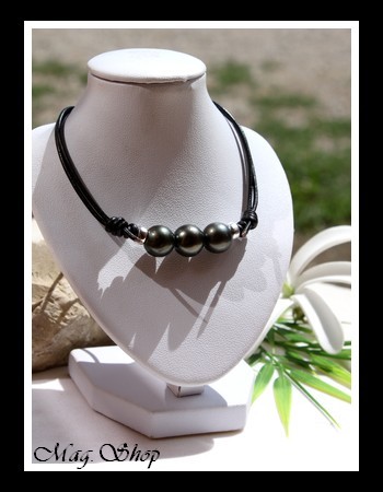 Surfeur Bora-Bora Collier 3 Perles Rondes de Tahiti Gris Foncés MAG.SHOP